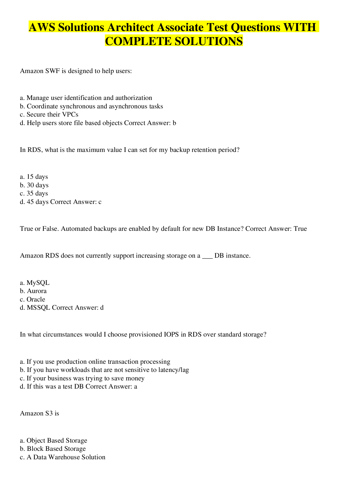 Preview image for AWS Solutions Architect Associate Test Questions WITH COMPLETE SOLUTIONS